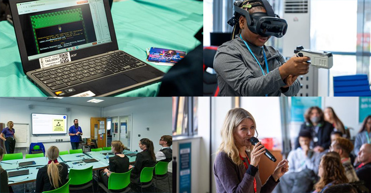 A quartered montage featuring a laptop on a desk, a student wearing a VR headset holding a gaming style pistol, a classroom with a presenter and a woman speakiong into a microphone in front of a crowd of people