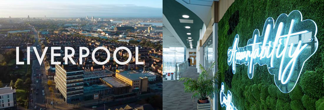 A montage of aerial shot of Liverpool and a neon sign inside the college that reads accountability