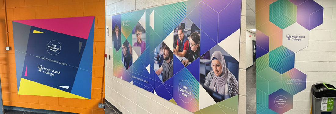 A montage of various pieces of Cyberhub trust signage at Hugh Baird College