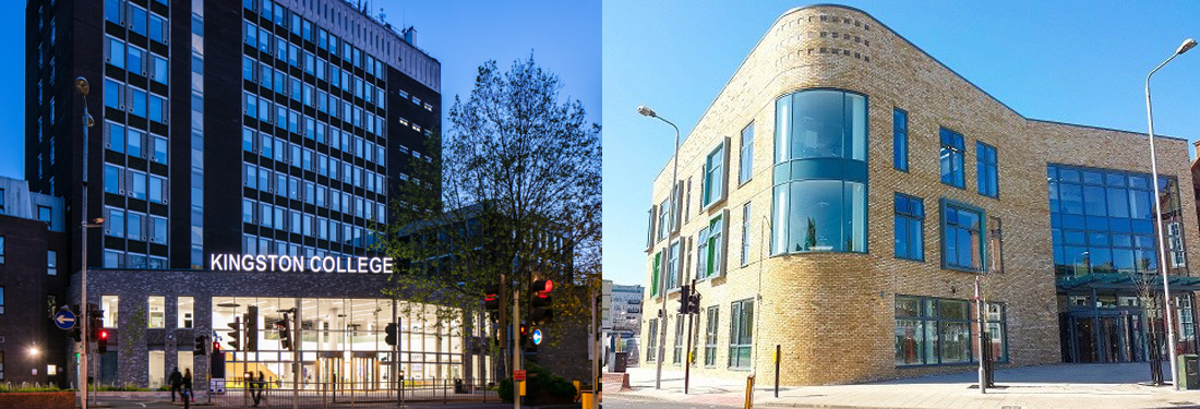 A two piece montage showing the exterior of the main Kingston College building and the exterior of the Creative Industries Centre building