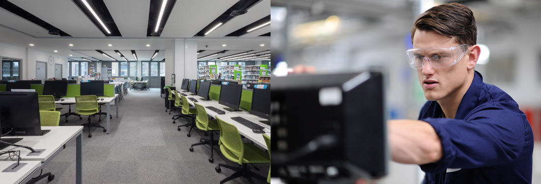 A two piece montage showing a computer room with green chairs at kingston College and a student wearing portective goggles operating a machine in a workshop